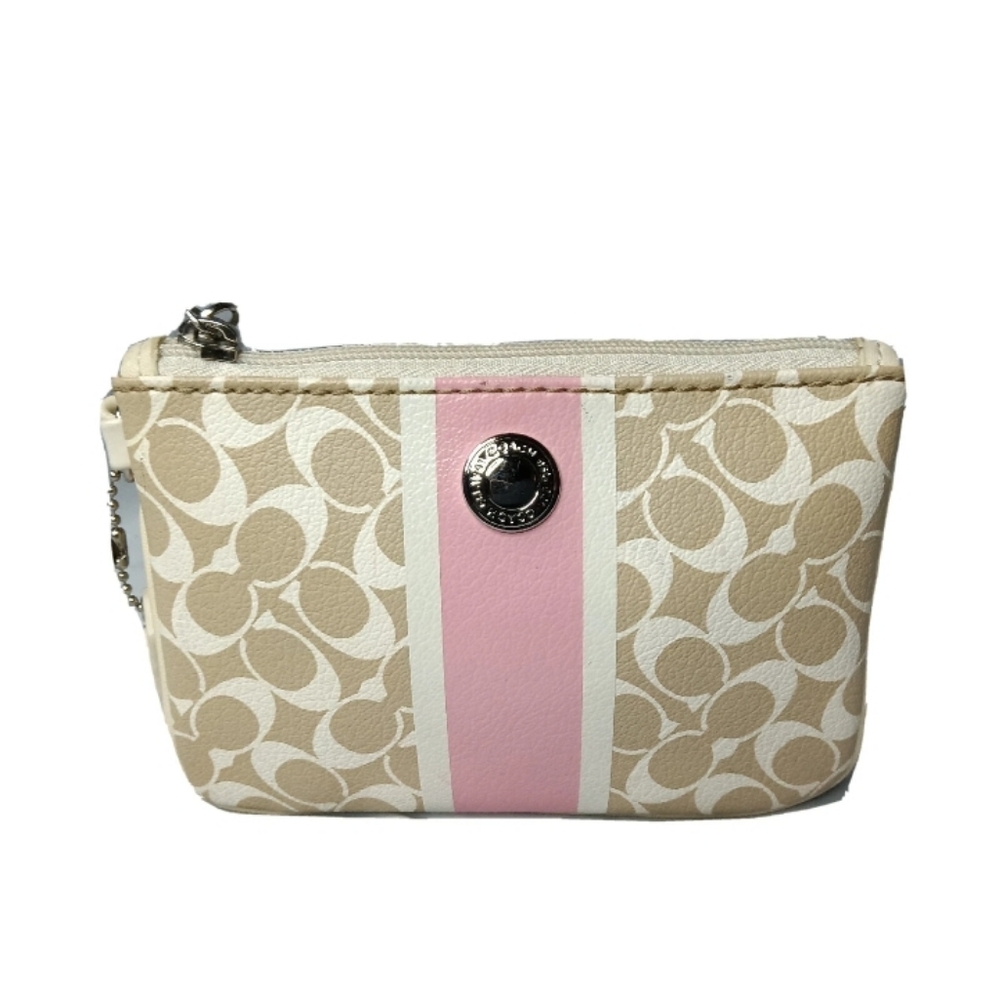 Coach Corner Zip Wristlet Signature Canvas Leather Trim Clutch Purse - Picture 5 of 8